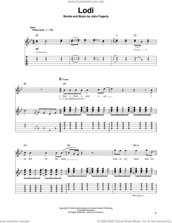Lodi sheet music for guitar (tablature, play-along) by Creedence Clearwater Revival and John Fogerty, intermediate skill level
