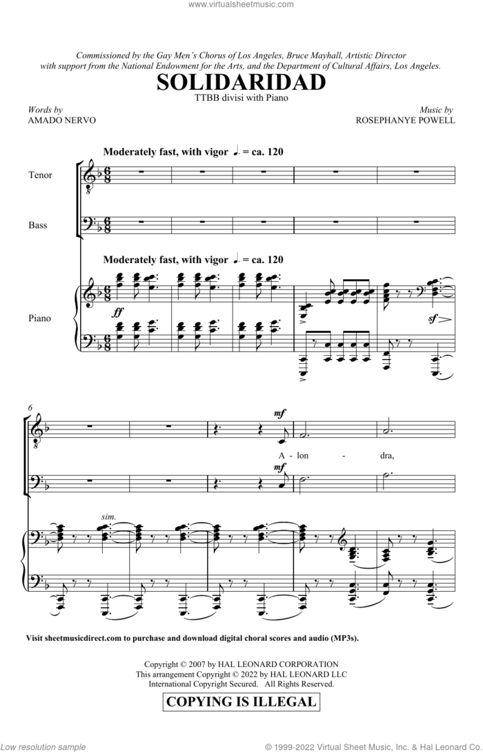 Solidaridad (In Solidarity) sheet music for choir (TTBB: tenor, bass) by Rosephanye Powell and Amado Nervo, intermediate skill level