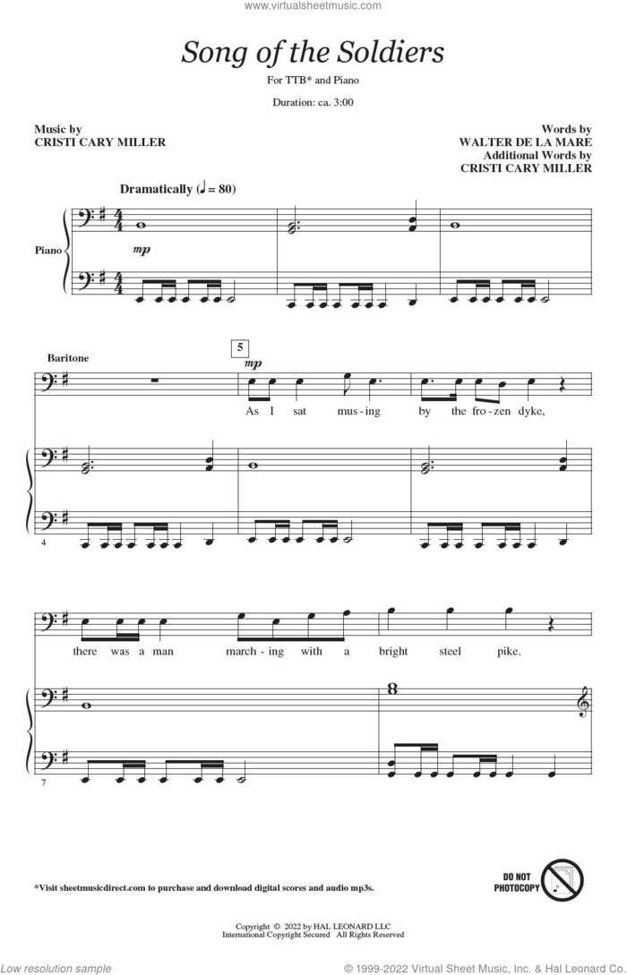 Song Of The Soldiers sheet music for choir (TTBB: tenor, bass) by Cristi Cary Miller and Walter De La Mare, intermediate skill level