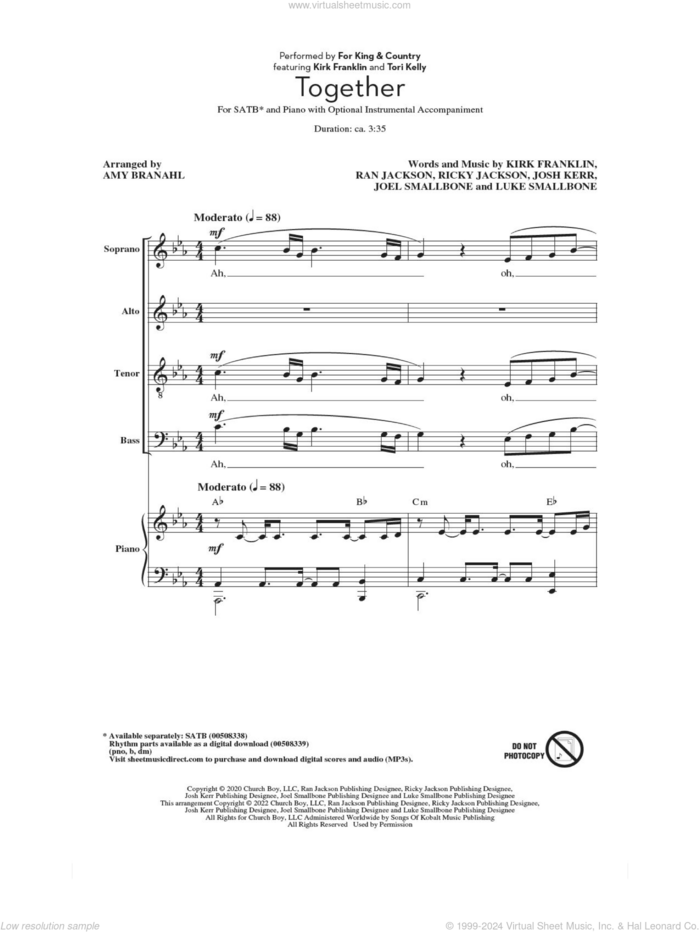 Together (feat. Kirk Franklin and Tori Kelly) (arr. Amy Branahl) sheet music for choir (SATB: soprano, alto, tenor, bass) by for KING & COUNTRY, Amy Branahl, Joel Smallbone, Josh Kerr, Kirk Franklin, Luke Smallbone, Ran Jackson and Ricky Jackson, intermediate skill level