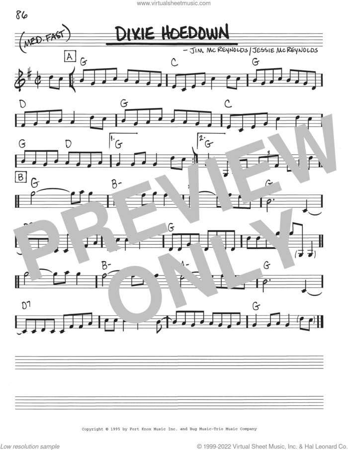 Dixie Hoedown sheet music for voice and other instruments (real book with lyrics) by Jessie McReynolds and Jim McReynolds, intermediate skill level