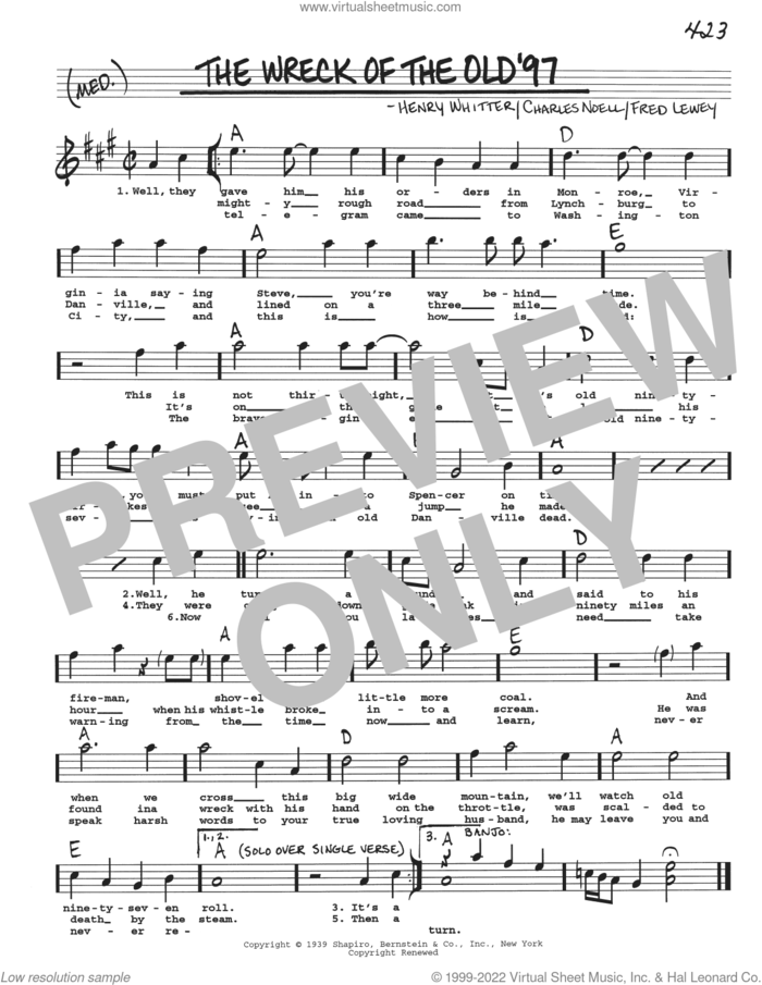 The Wreck Of The Old '97 sheet music for voice and other instruments (real book with lyrics) by Charles Noell, Fred Lewey and Henry Whitter, intermediate skill level