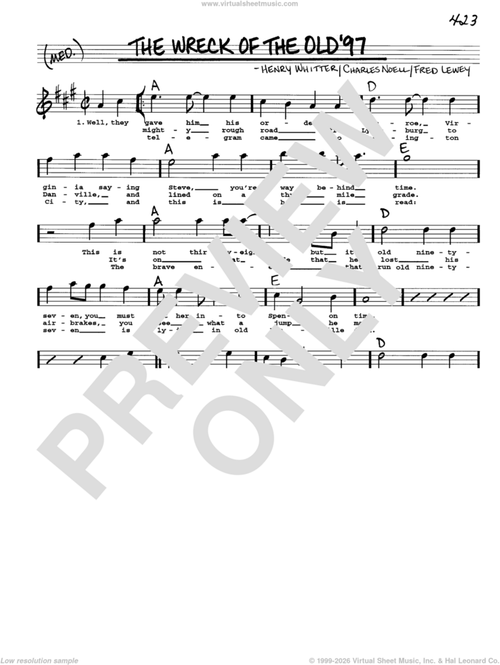 The Wreck Of The Old '97 sheet music for voice and other instruments (real book with lyrics) by Charles Noell, Fred Lewey and Henry Whitter, intermediate skill level