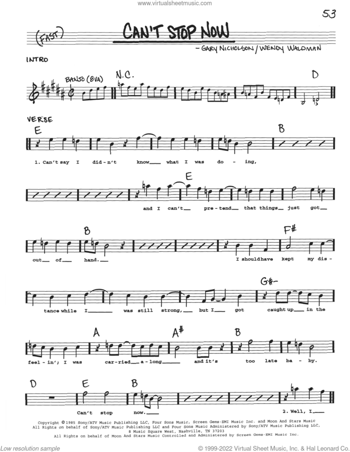 Can't Stop Now sheet music for voice and other instruments (real book with lyrics) by Wendy Waldman and Gary Nicholson, intermediate skill level