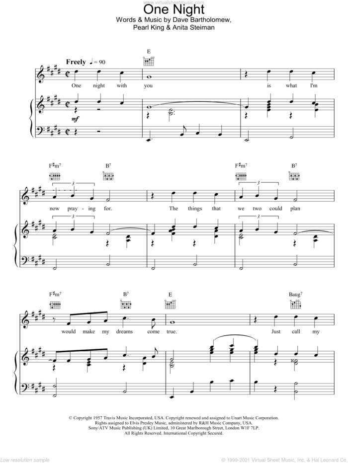 One Night sheet music for voice, piano or guitar by Elvis Presley, Dave Bartholomew and Pearl King, intermediate skill level
