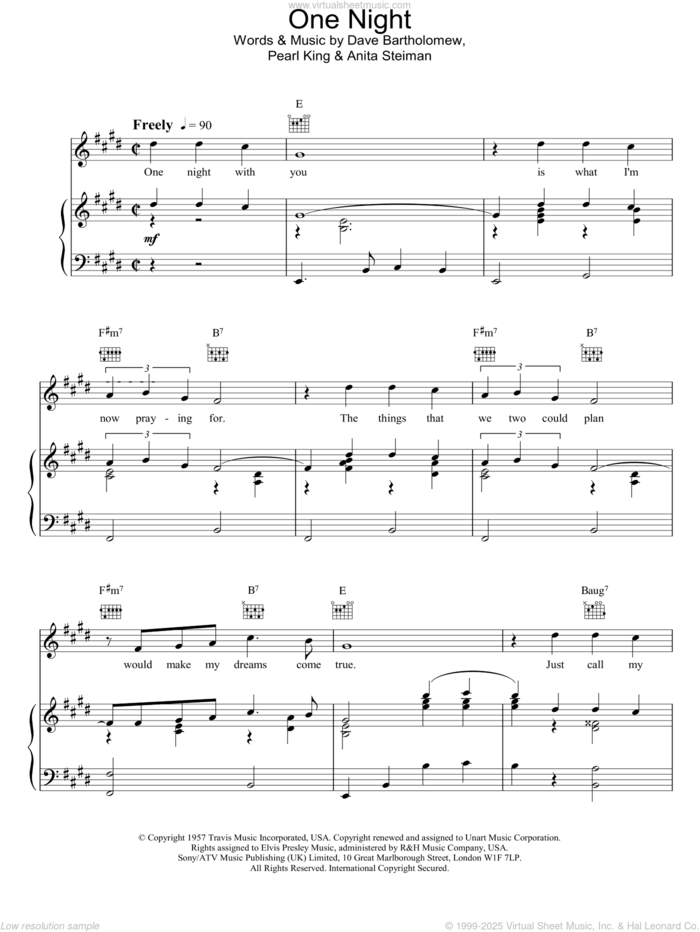 One Night sheet music for voice, piano or guitar by Elvis Presley, Dave Bartholomew and Pearl King, intermediate skill level