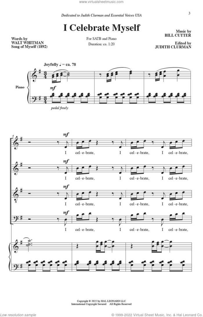 I Celebrate Myself sheet music for choir (SATB: soprano, alto, tenor, bass) by William Cutter and Walt Whitman, intermediate skill level