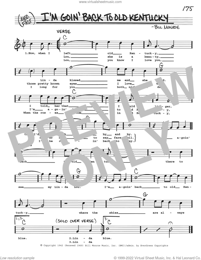 I'm Goin' Back To Old Kentucky sheet music for voice and other instruments (real book with lyrics) by Bill Monroe, intermediate skill level