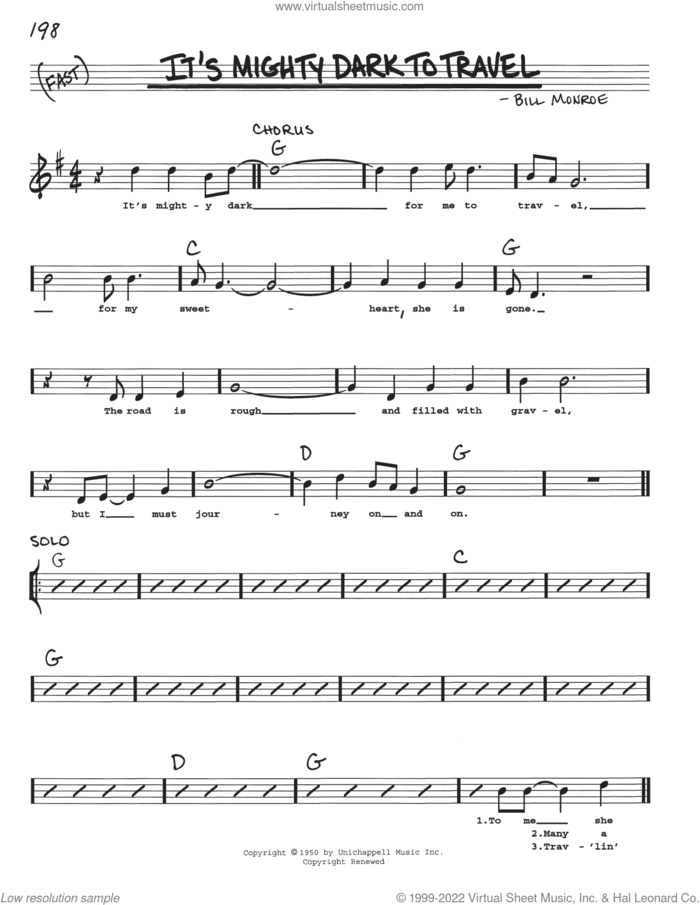 It's Mighty Dark To Travel sheet music for voice and other instruments (real book with lyrics) by Bill Monroe, intermediate skill level