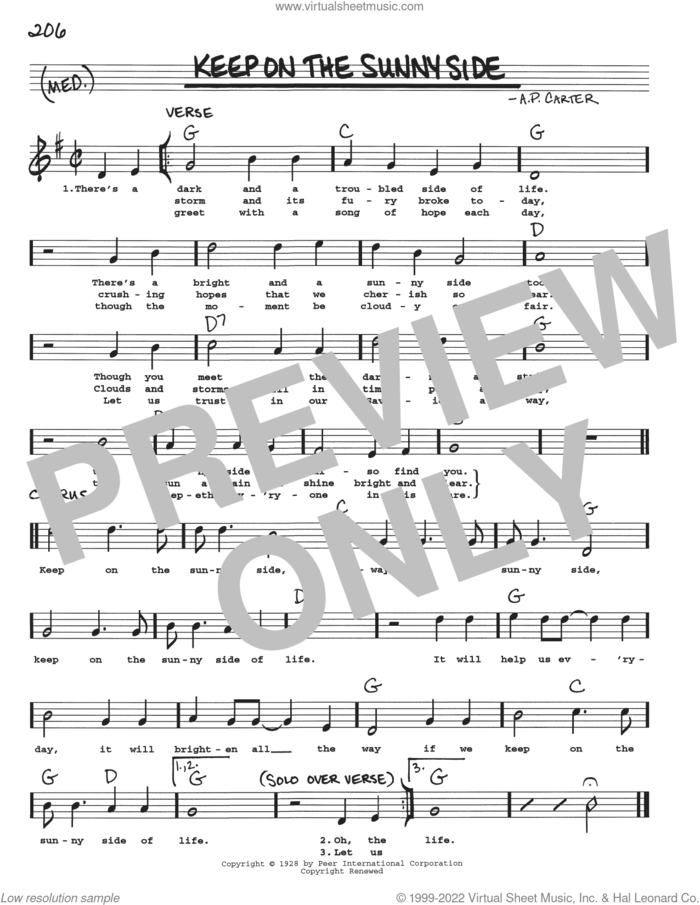 Keep On The Sunny Side sheet music for voice and other instruments (real book with lyrics) by The Carter Family and A.P. Carter, intermediate skill level