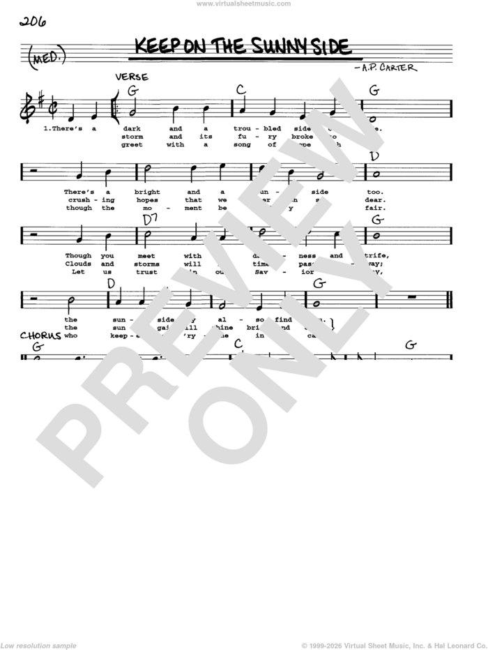 Keep On The Sunny Side sheet music for voice and other instruments (real book with lyrics) by The Carter Family and A.P. Carter, intermediate skill level