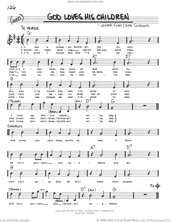 God Loves His Children sheet music for voice and other instruments (real book with lyrics) by Flatt & Scruggs, Earl Scruggs and Lester Flatt, intermediate skill level