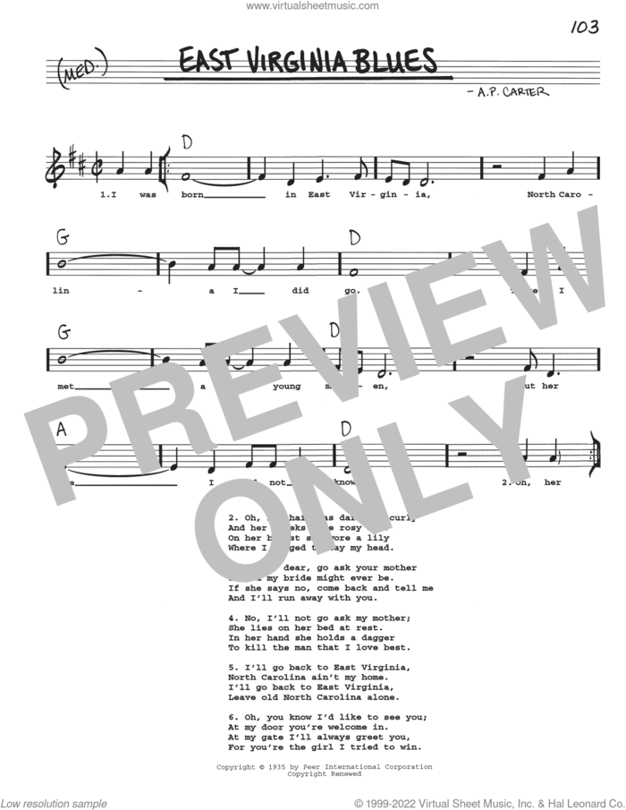 East Virginia Blues sheet music for voice and other instruments (real book with lyrics) by The Carter Family and A.P. Carter, intermediate skill level