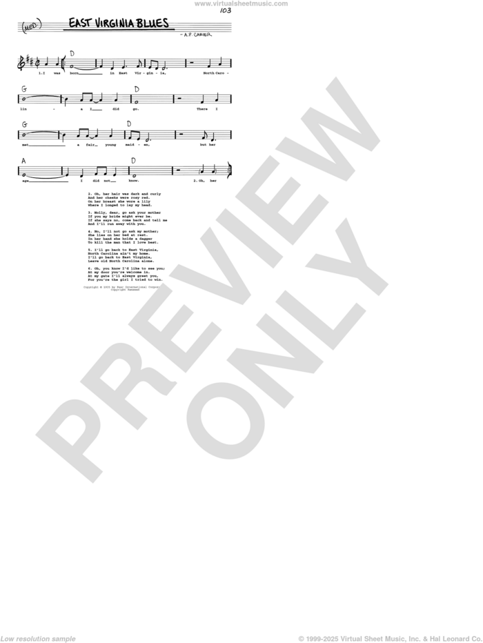 East Virginia Blues sheet music for voice and other instruments (real book with lyrics) by The Carter Family and A.P. Carter, intermediate skill level