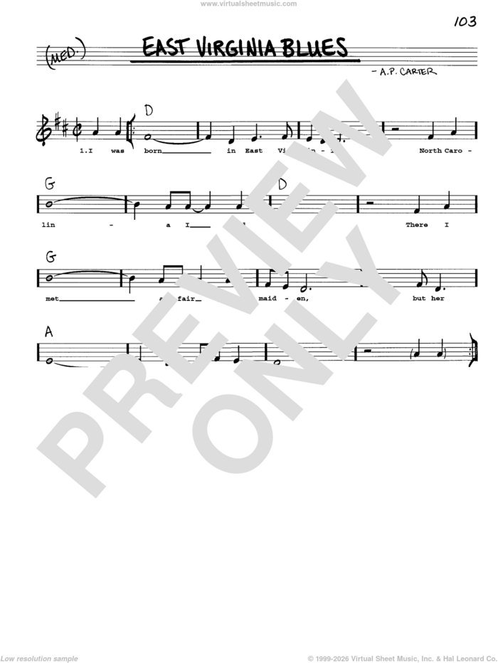 East Virginia Blues sheet music for voice and other instruments (real book with lyrics) by The Carter Family and A.P. Carter, intermediate skill level