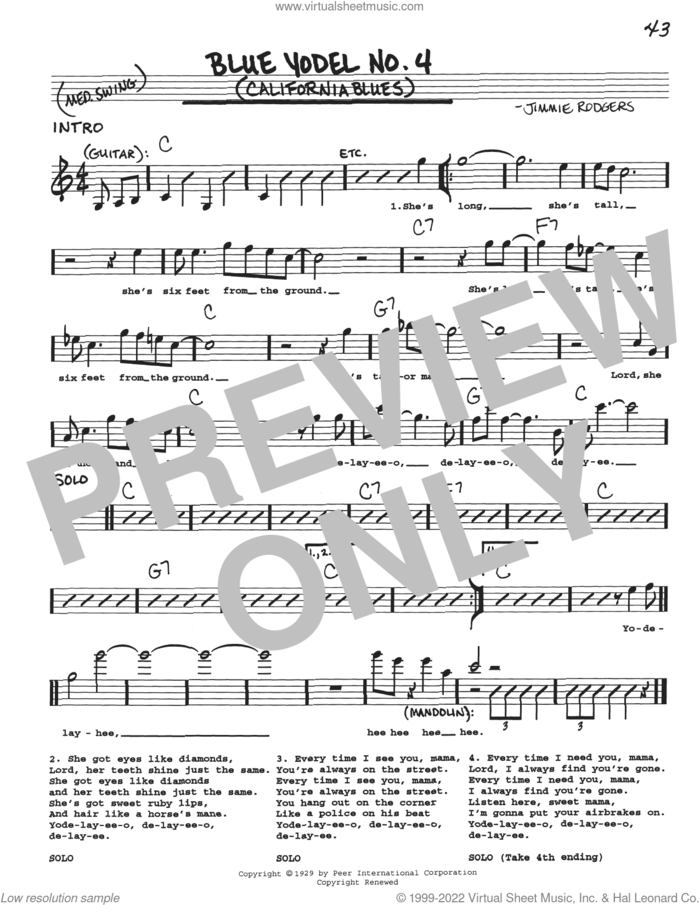 Blue Yodel No. 4 (California Blues) sheet music for voice and other instruments (real book with lyrics) by Jimmie Rodgers, intermediate skill level