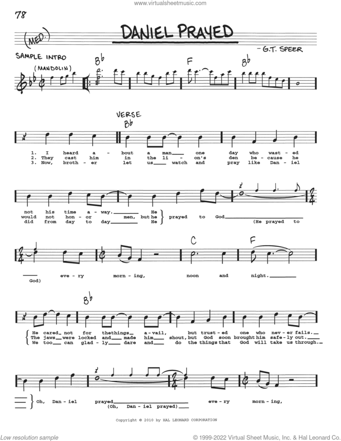 Daniel Prayed sheet music for voice and other instruments (real book with lyrics) by G.T. Speer, intermediate skill level