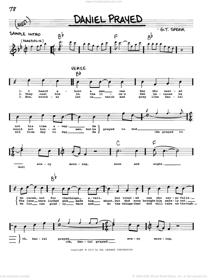 Daniel Prayed sheet music for voice and other instruments (real book with lyrics) by G.T. Speer, intermediate skill level