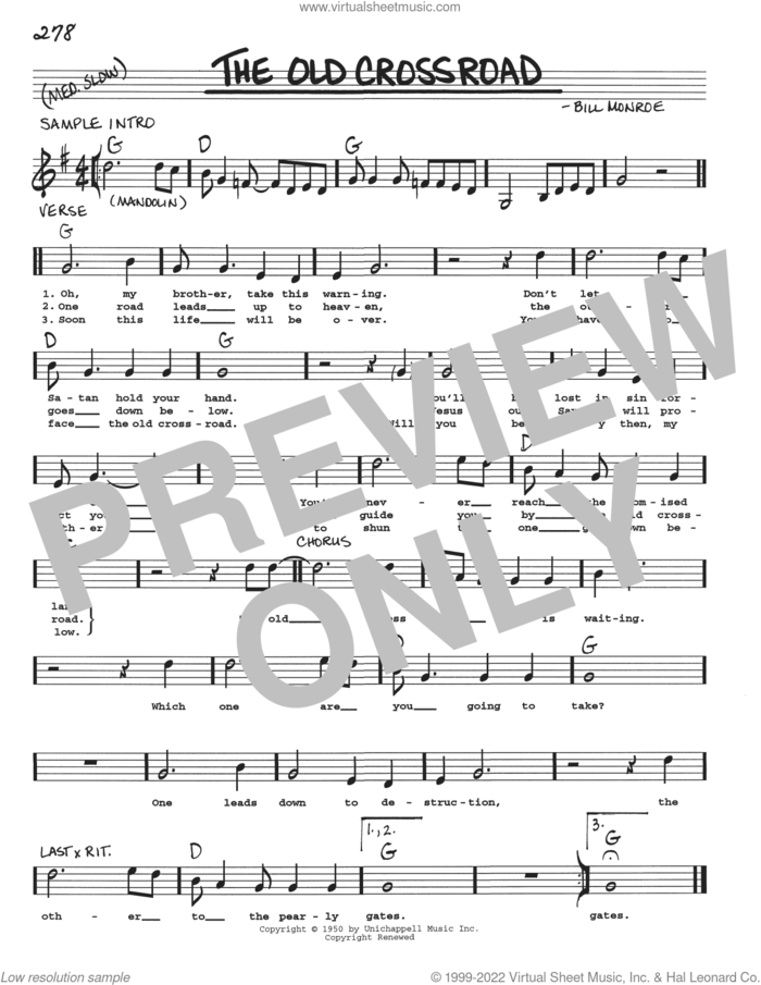 Old Crossroad Is Waitin' sheet music for voice and other instruments (real book with lyrics) by Bill Monroe, intermediate skill level