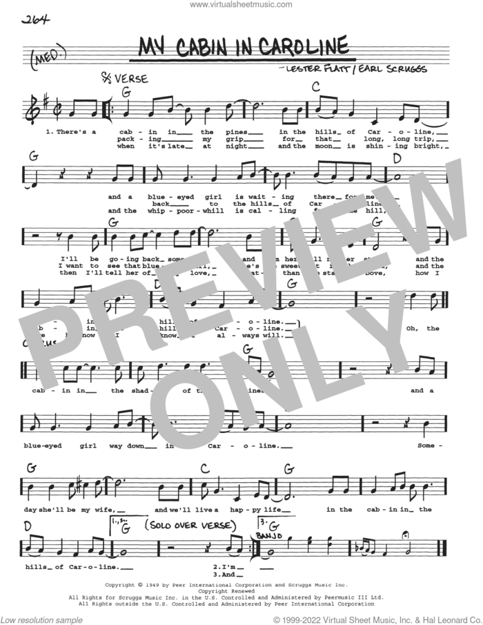 My Cabin In Caroline sheet music for voice and other instruments (real book with lyrics) by Flatt & Scruggs, Earl Scruggs and Lester Flatt, intermediate skill level