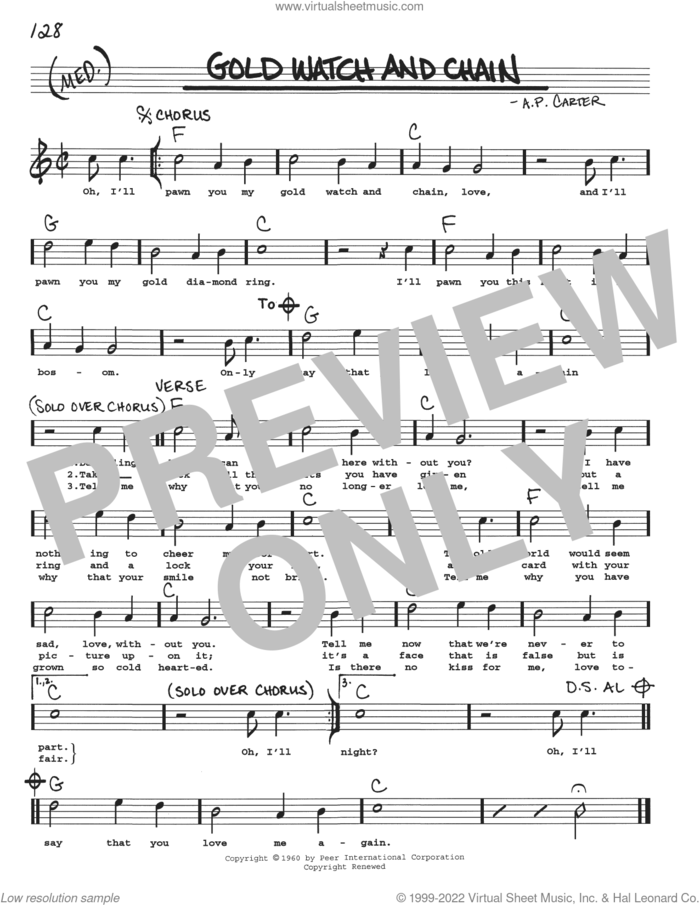Gold Watch And Chain sheet music for voice and other instruments (real book with lyrics) by A.P. Carter, intermediate skill level