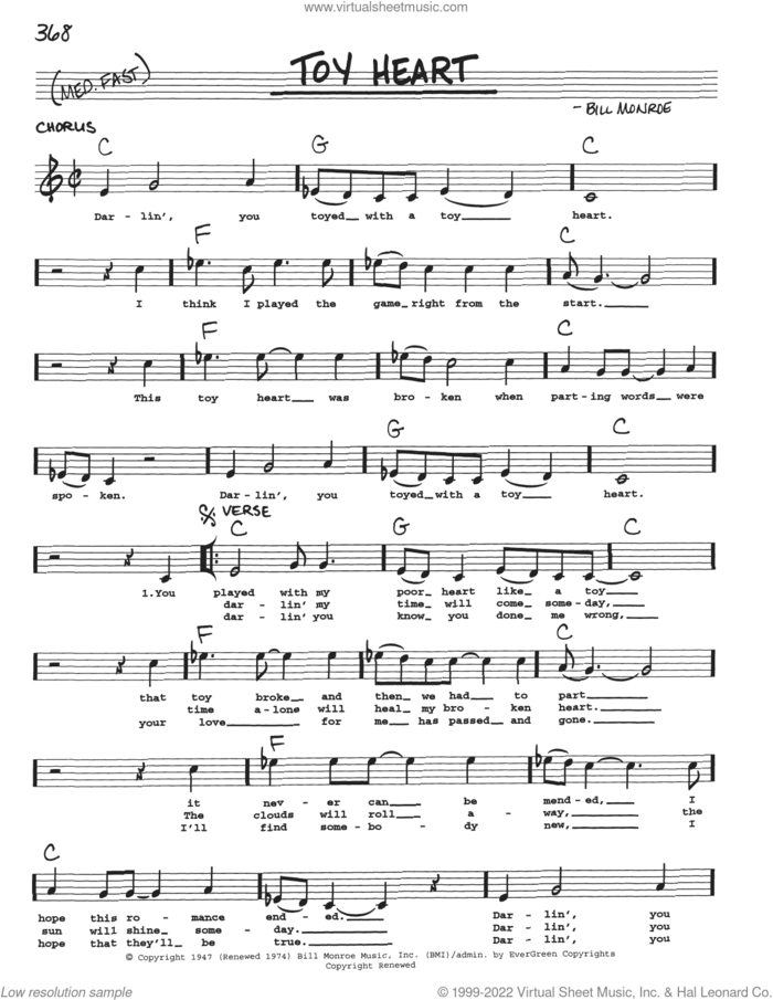 Toy Heart sheet music for voice and other instruments (real book with lyrics) by Bill Monroe, intermediate skill level