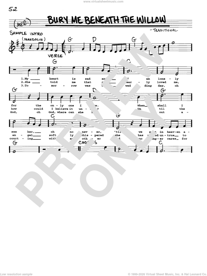 Bury Me Beneath The Willow sheet music for voice and other instruments (real book with lyrics), intermediate skill level