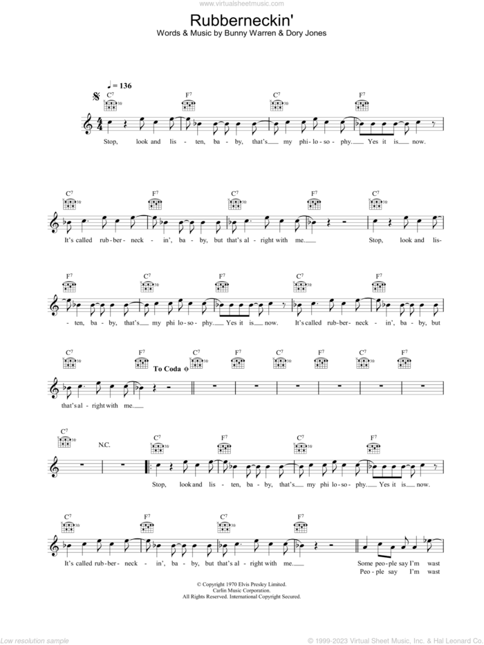 Rubberneckin' sheet music for voice and other instruments (fake book) by Elvis Presley, Bunny Warren and Dory Jones, intermediate skill level