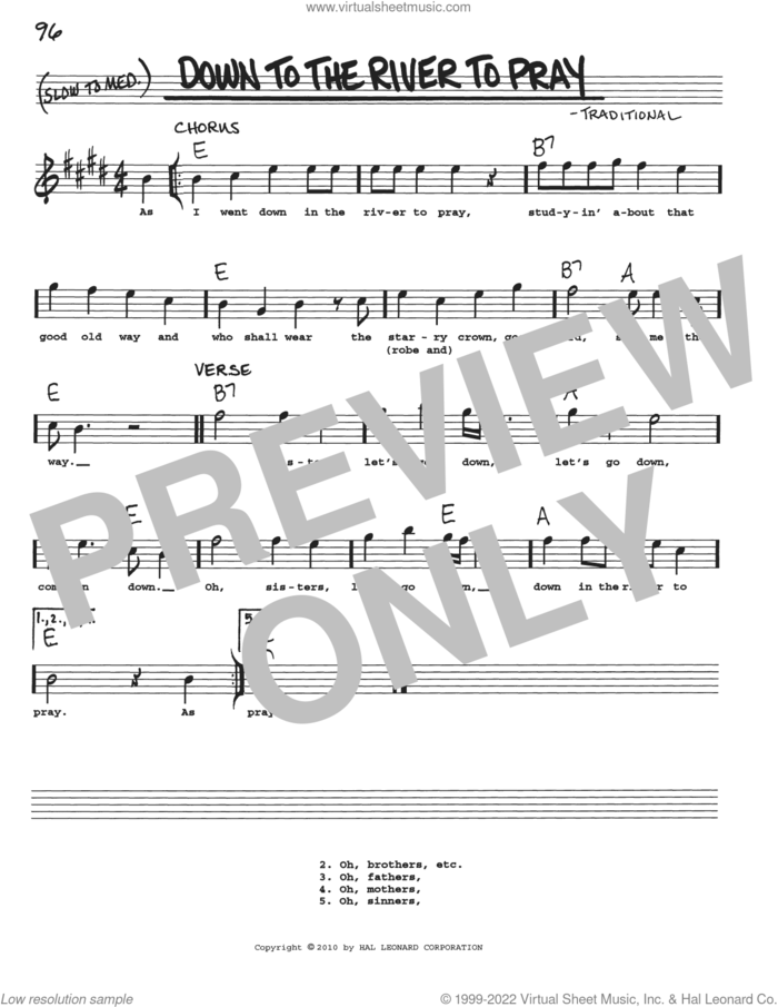 Down To The River To Pray sheet music for voice and other instruments (real book with lyrics), intermediate skill level