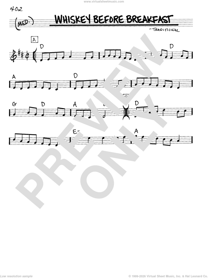 Whiskey Before Breakfast sheet music for voice and other instruments (real book with lyrics), intermediate skill level