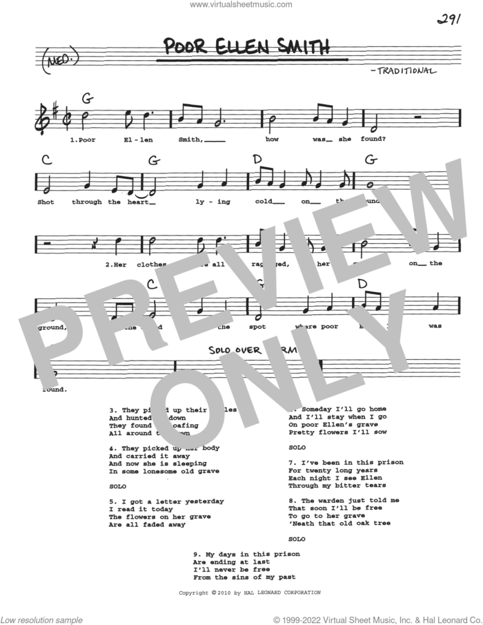 Poor Ellen Smith sheet music for voice and other instruments (real book with lyrics), intermediate skill level