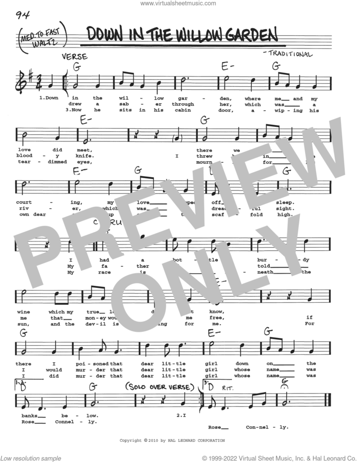 Down In The Willow Garden sheet music for voice and other instruments (real book with lyrics), intermediate skill level