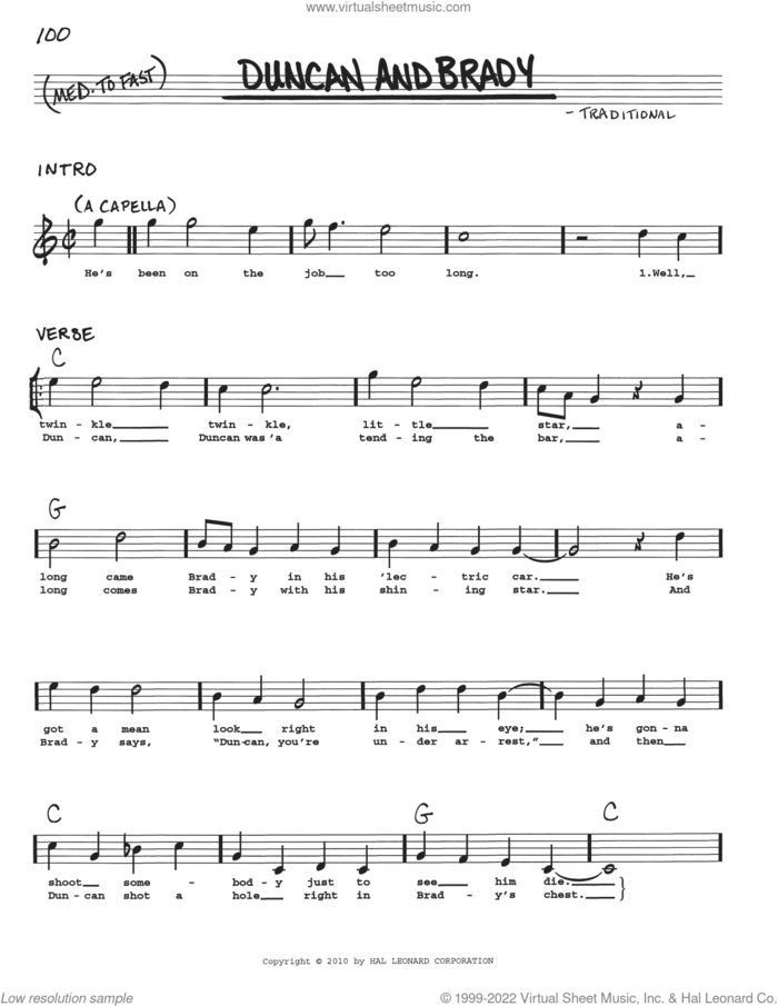 Duncan And Brady sheet music for voice and other instruments (real book with lyrics), intermediate skill level