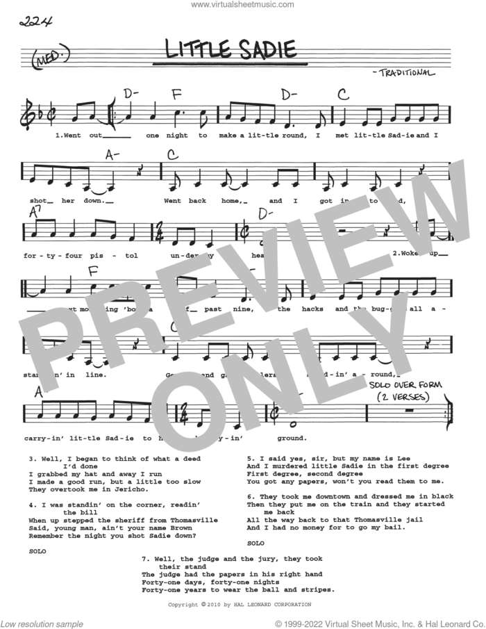 Little Sadie sheet music for voice and other instruments (real book with lyrics), intermediate skill level