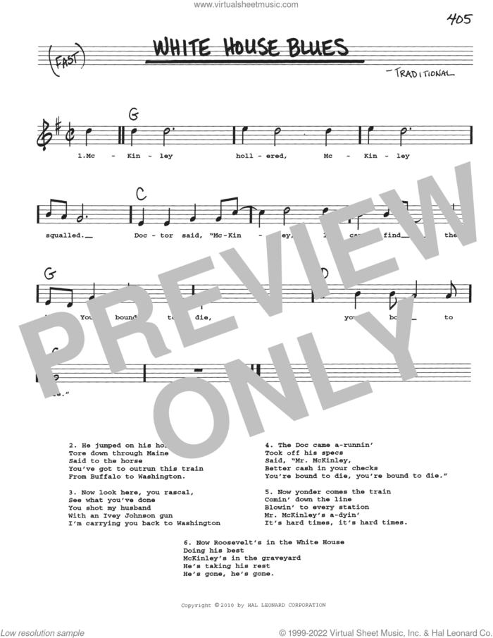 White House Blues sheet music for voice and other instruments (real book with lyrics), intermediate skill level