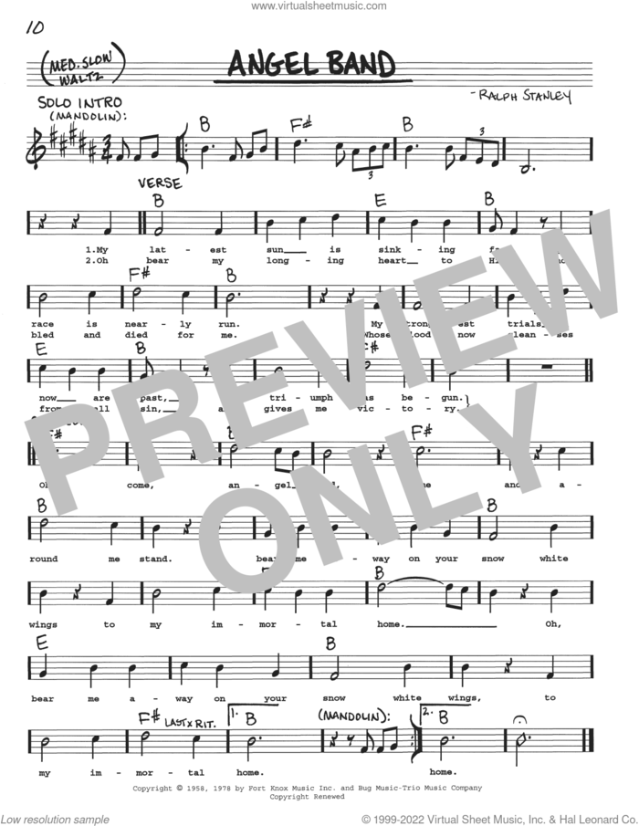Angel Band sheet music for voice and other instruments (real book with lyrics) by The Stanley Brothers and Ralph Stanley, intermediate skill level