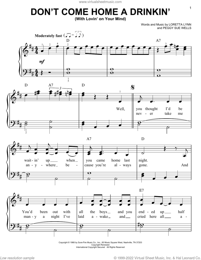 Don't Come Home A Drinkin' (With Lovin' On Your Mind) sheet music for piano solo by Loretta Lynn and Peggy Sue Wells, easy skill level