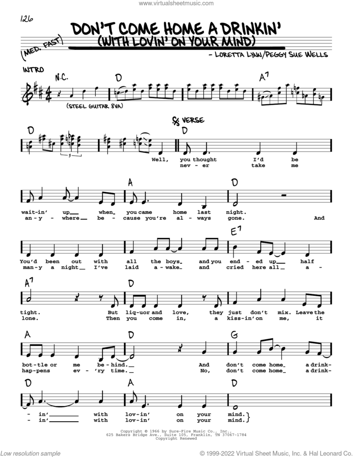 Don't Come Home A Drinkin' (With Lovin' On Your Mind) sheet music for voice and other instruments (real book with lyrics) by Loretta Lynn and Peggy Sue Wells, intermediate skill level