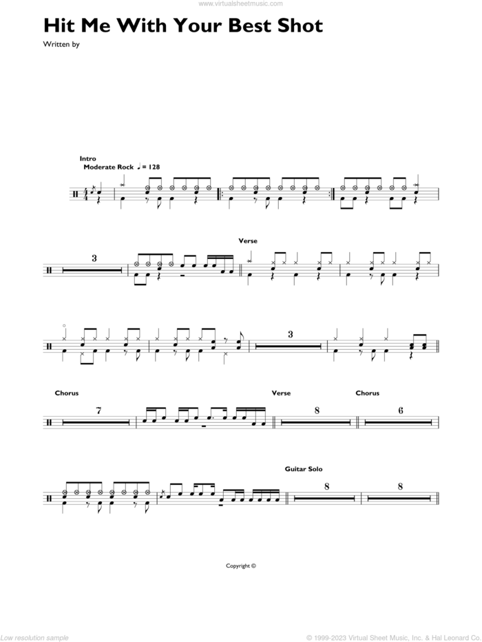 Hit Me With Your Best Shot sheet music for drums (percussions) by Pat Benatar and Eddie Schwartz, intermediate skill level