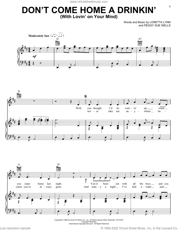 Don't Come Home A Drinkin' (With Lovin' On Your Mind) sheet music for voice, piano or guitar by Loretta Lynn and Peggy Sue Wells, intermediate skill level