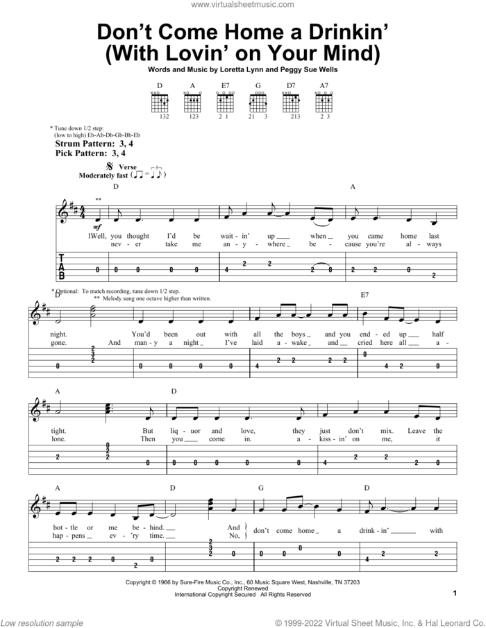 Don't Come Home A Drinkin' (With Lovin' On Your Mind) sheet music for guitar solo (easy tablature) by Loretta Lynn and Peggy Sue Wells, easy guitar (easy tablature)