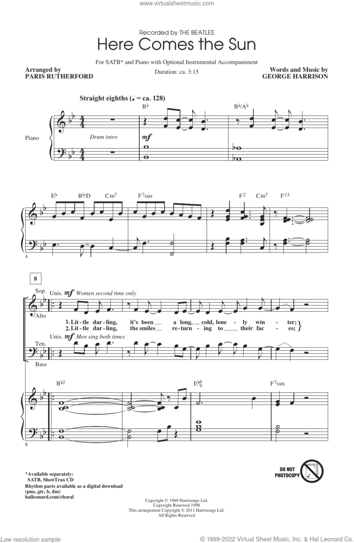 Here Comes The Sun (arr. Paris Rutherford) sheet music for choir (SATB: soprano, alto, tenor, bass) by The Beatles, Paris Rutherford and George Harrison, intermediate skill level
