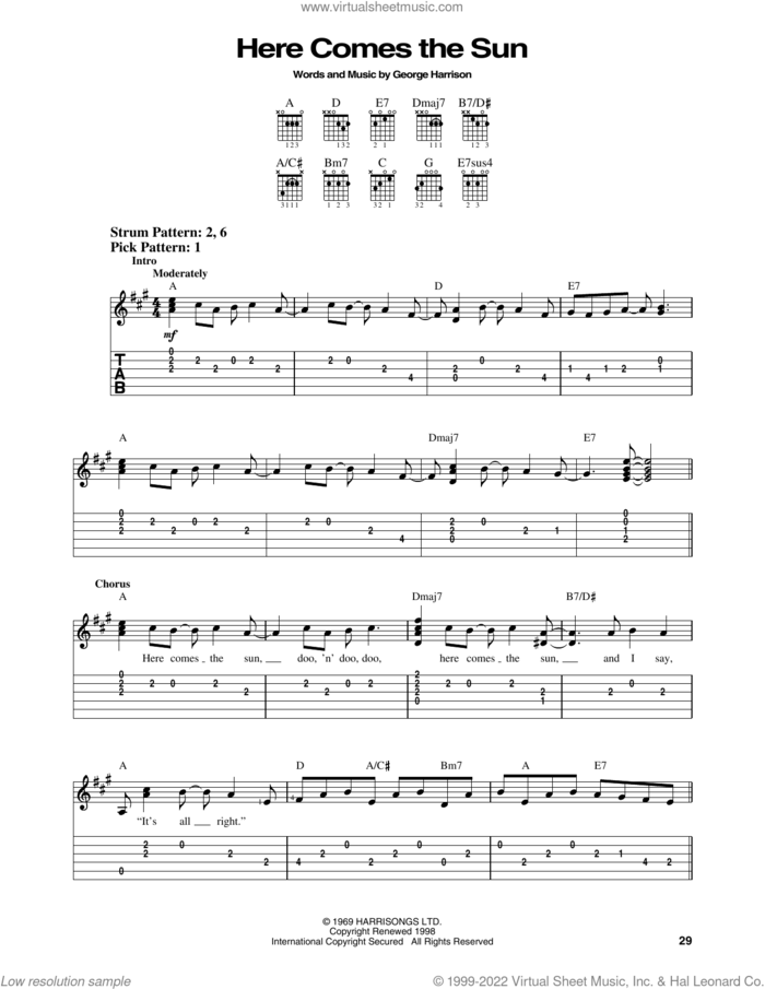 Here Comes The Sun sheet music for guitar solo (easy tablature) by The Beatles and George Harrison, easy guitar (easy tablature)