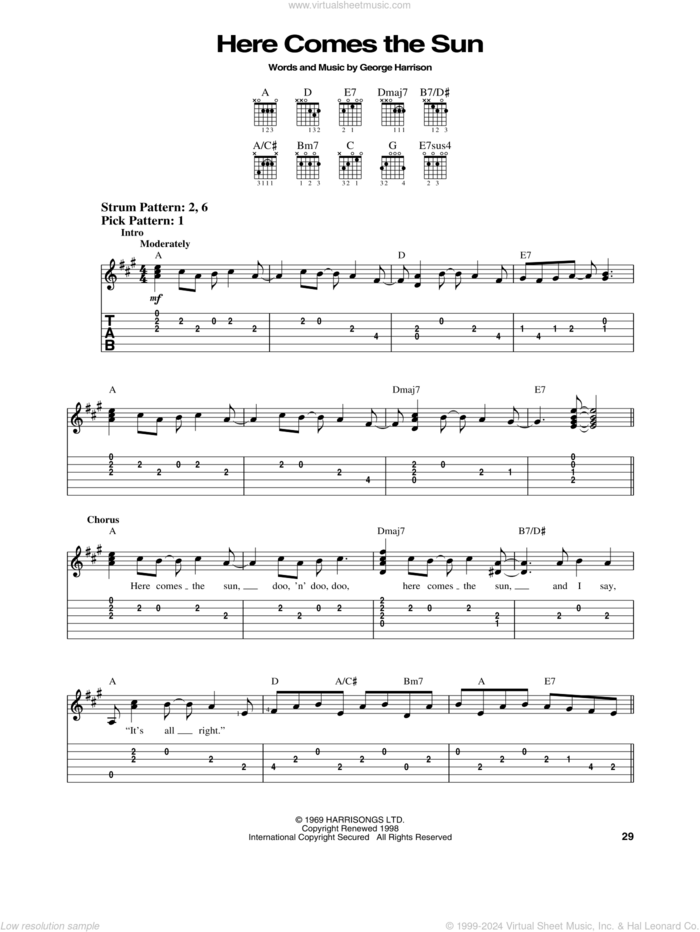 Here Comes The Sun sheet music for guitar solo (easy tablature) by The Beatles and George Harrison, easy guitar (easy tablature)