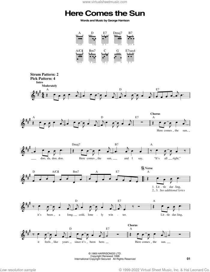 Here Comes The Sun sheet music for guitar solo (chords) by The Beatles and George Harrison, easy guitar (chords)