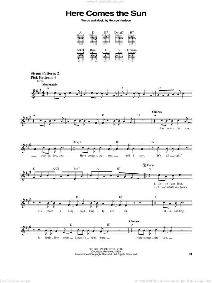 Here Comes The Sun sheet music for guitar solo (chords) by The Beatles and George Harrison, easy guitar (chords)