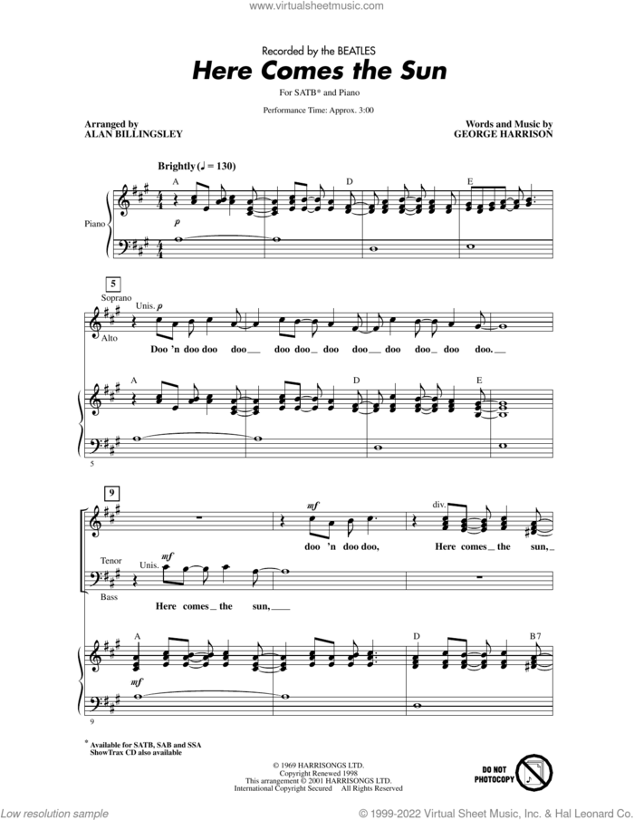 Here Comes The Sun (arr. Alan Billingsley) sheet music for choir (SATB: soprano, alto, tenor, bass) by The Beatles, Alan Billingsley and George Harrison, intermediate skill level