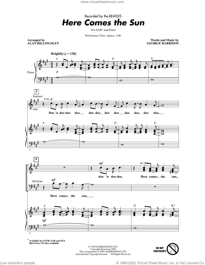 Here Comes The Sun (arr. Alan Billingsley) sheet music for choir (SAB: soprano, alto, bass) by The Beatles, Alan Billingsley and George Harrison, intermediate skill level