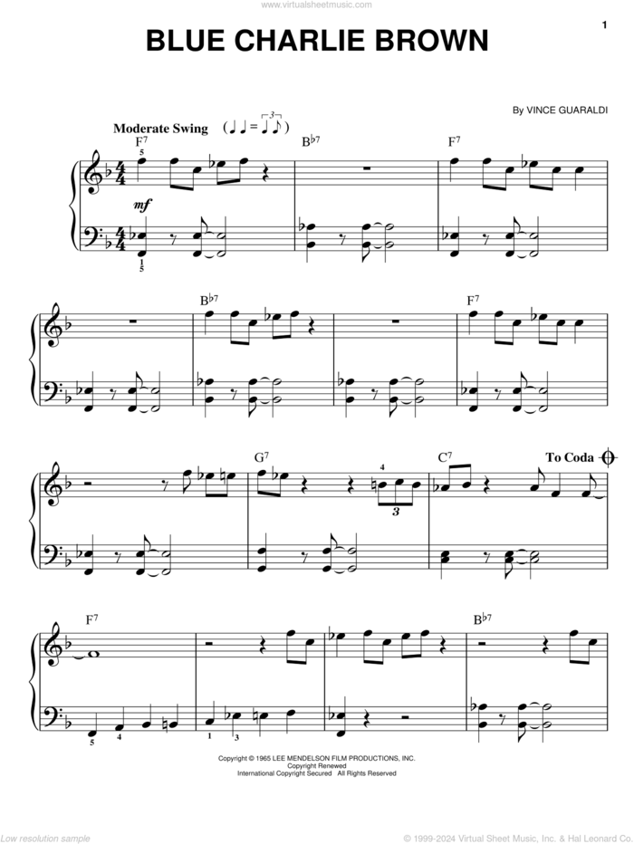 Blue Charlie Brown, (easy) sheet music for piano solo by Vince Guaraldi, easy skill level