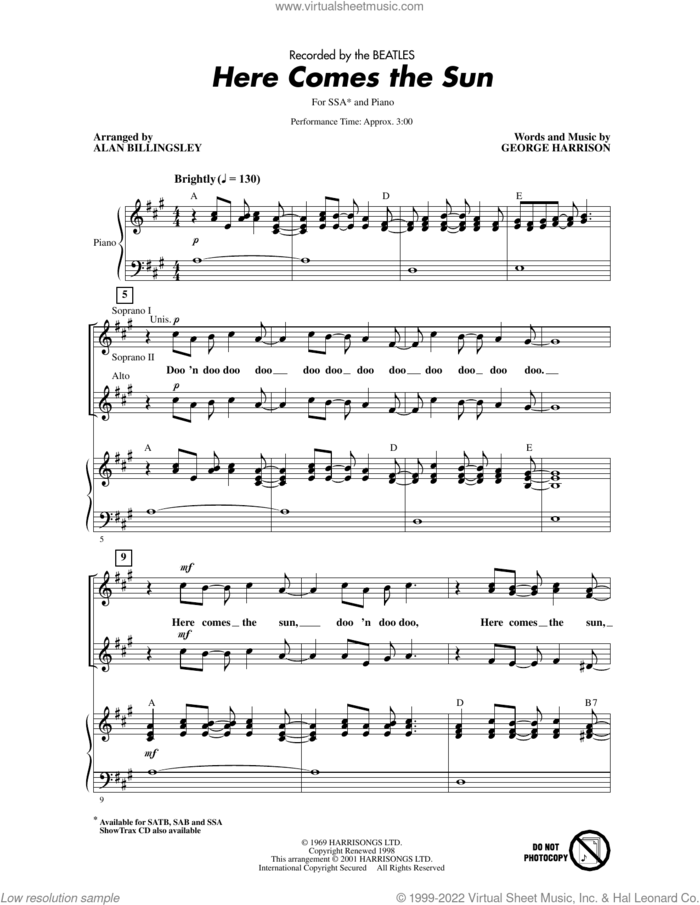 Here Comes The Sun (arr. Alan Billingsley) sheet music for choir (SSA: soprano, alto) by The Beatles, Alan Billingsley and George Harrison, intermediate skill level